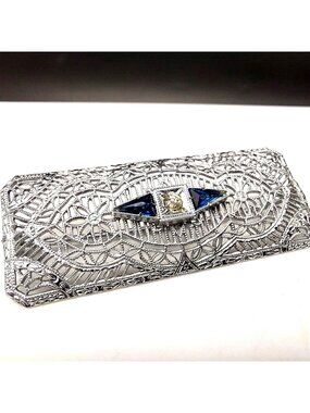 Antique Art Deco Silver Tone Filigree Brooch Faux Sapphire Glass Pin Shield 20s